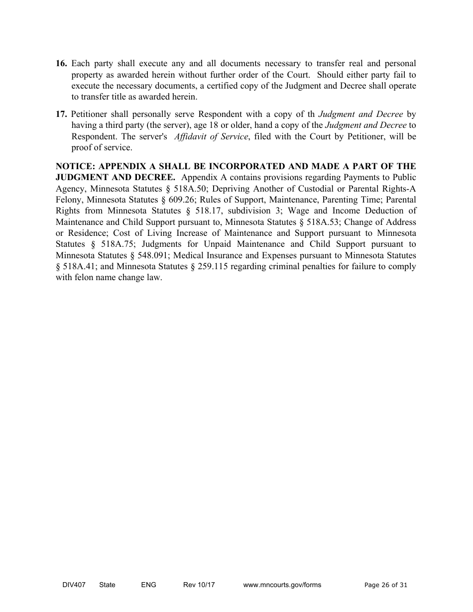 Form DIV407 Findings of Fact, Conclusions of Law, Order for Judgment, Judgment and Decree - Minnesota, Page 26