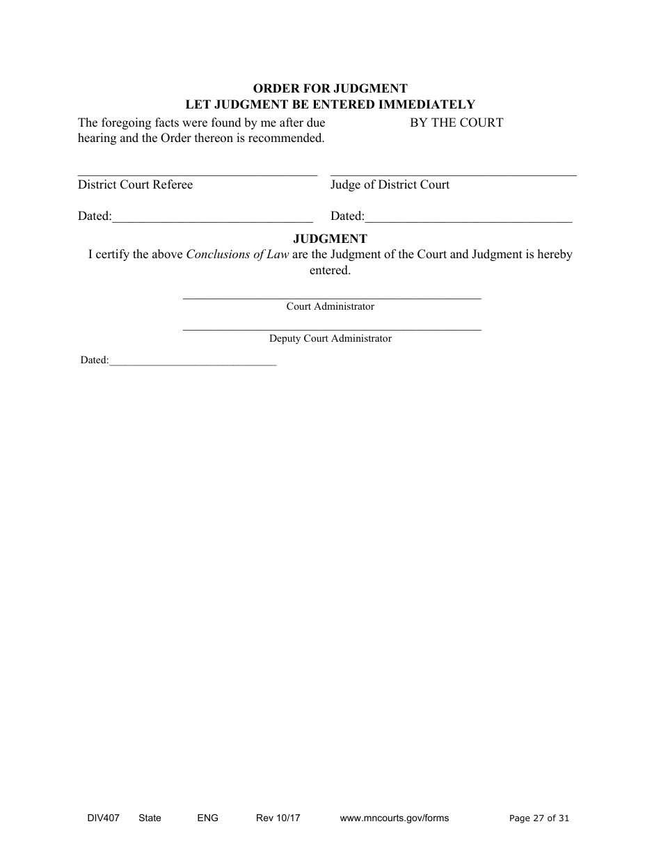 Form DIV407 Findings of Fact, Conclusions of Law, Order for Judgment, Judgment and Decree - Minnesota, Page 27