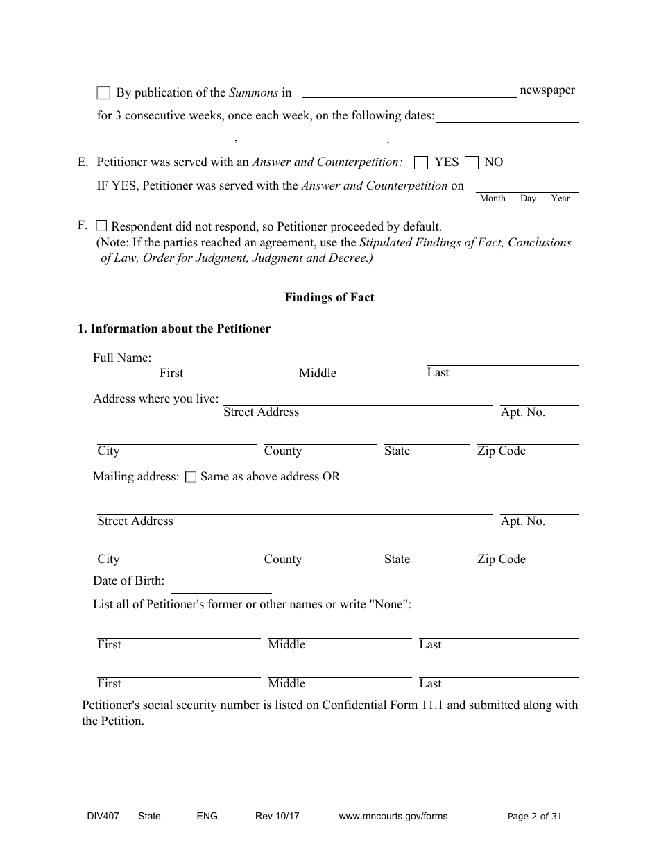 Form DIV407 Findings of Fact, Conclusions of Law, Order for Judgment, Judgment and Decree - Minnesota, Page 2