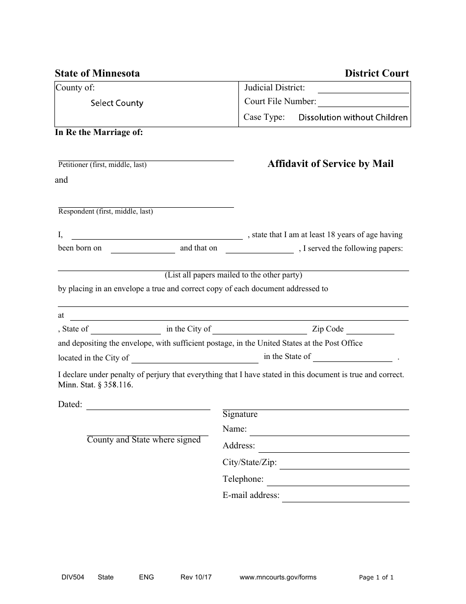 Form DIV504 Affidavit of Service by Mail - Dissolution Without Children - Minnesota, Page 1