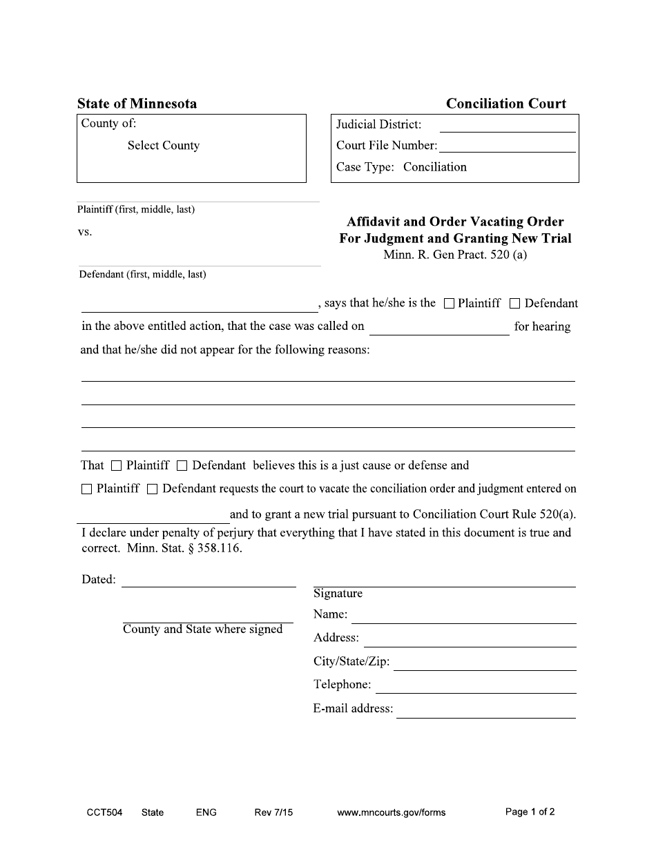 Form CCT504 Affidavit and Order Vacating Order for Judgment and Granting New Trial - Minnesota, Page 1