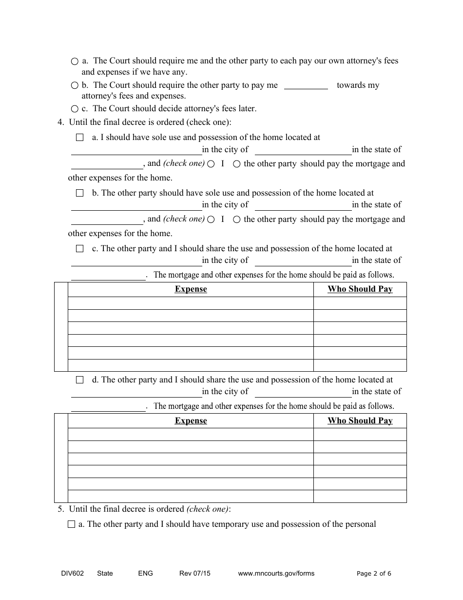 Form DIV602 Notice of Motion and Motion for Temporary Relief Without Children - Minnesota, Page 2
