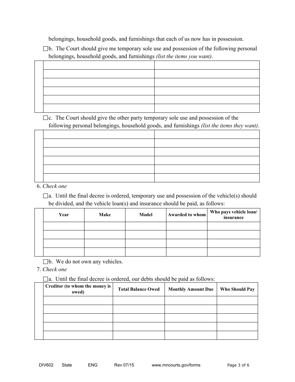 Form DIV602 Notice of Motion and Motion for Temporary Relief Without Children - Minnesota, Page 3