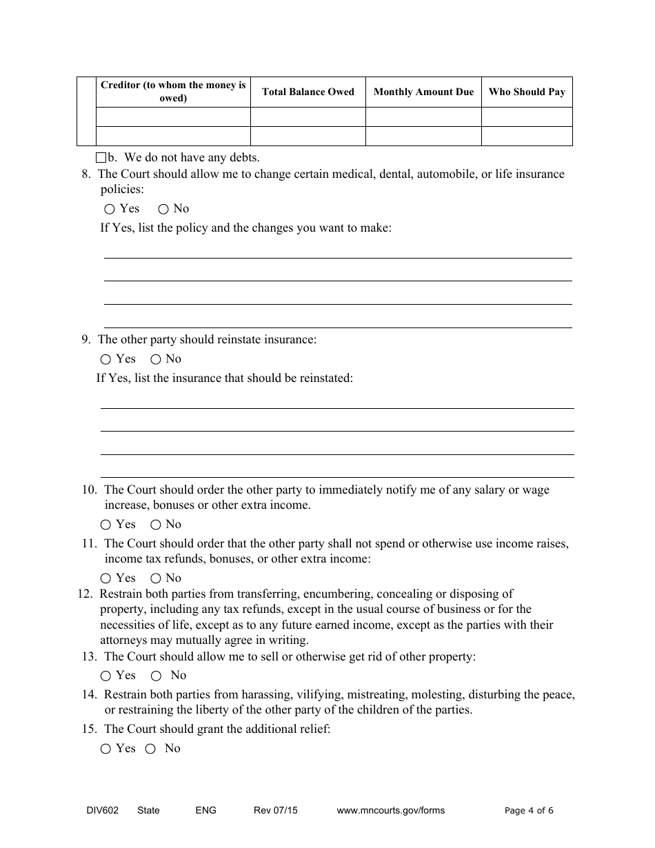 Form DIV602 Notice of Motion and Motion for Temporary Relief Without Children - Minnesota, Page 4