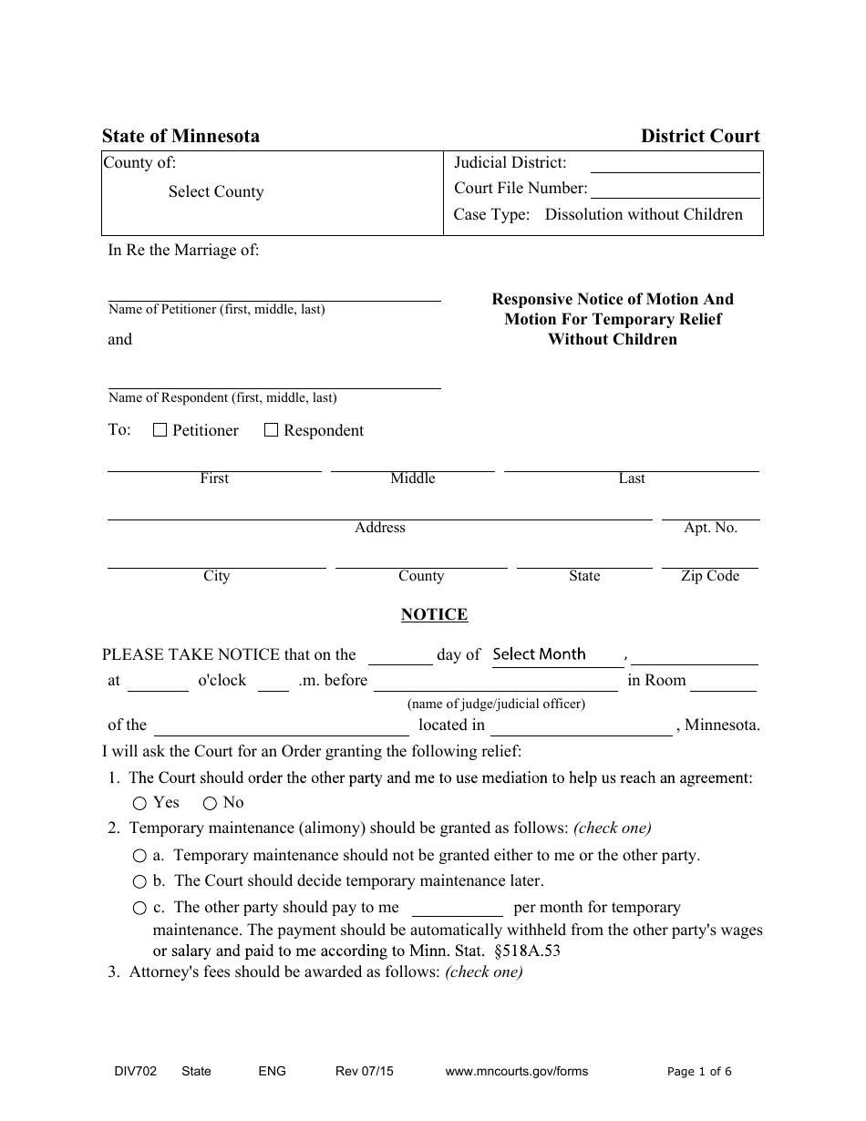 Form DIV702 Responsive Notice of Motion and Motion for Temporary Relief Without Children - Minnesota, Page 1