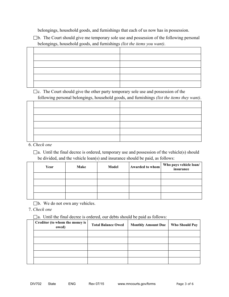 Form DIV702 Responsive Notice of Motion and Motion for Temporary Relief Without Children - Minnesota, Page 3