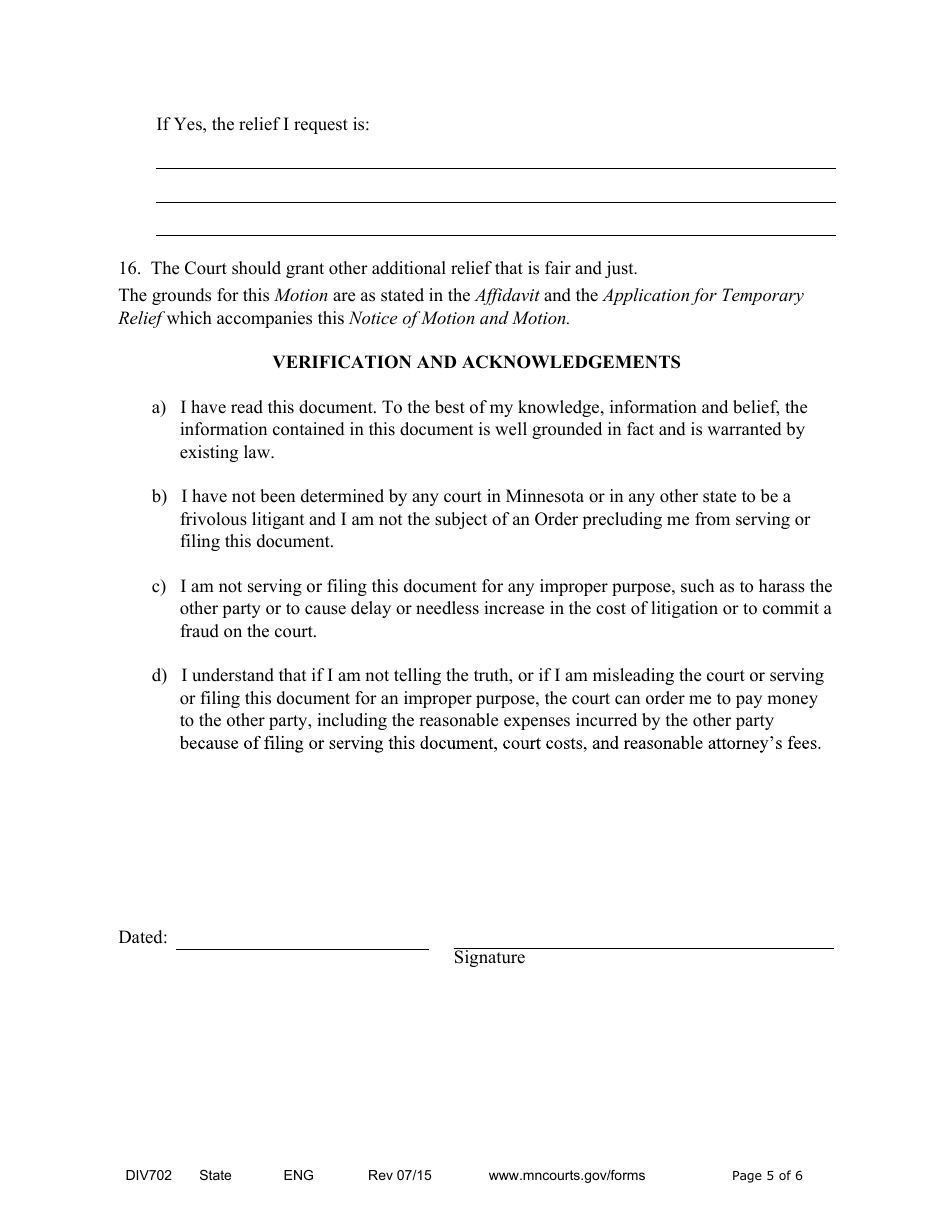 Form DIV702 Responsive Notice of Motion and Motion for Temporary Relief Without Children - Minnesota, Page 5