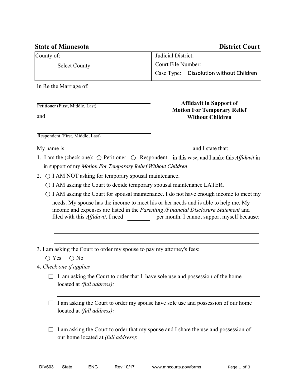 Form DIV603 Affidavit in Support of Motion for Temporary Relief Without Children - Minnesota, Page 1