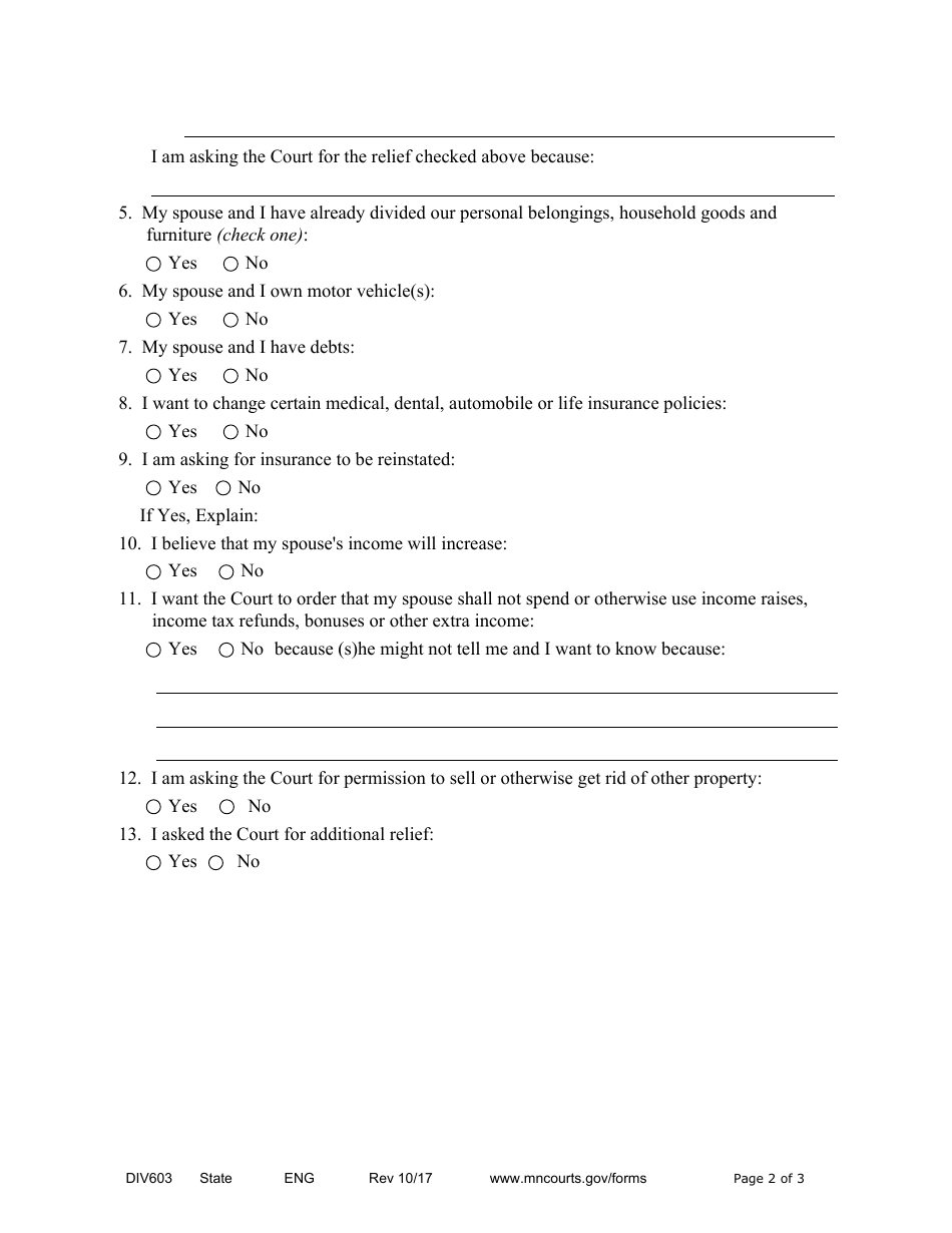 Form DIV603 Affidavit in Support of Motion for Temporary Relief Without Children - Minnesota, Page 2