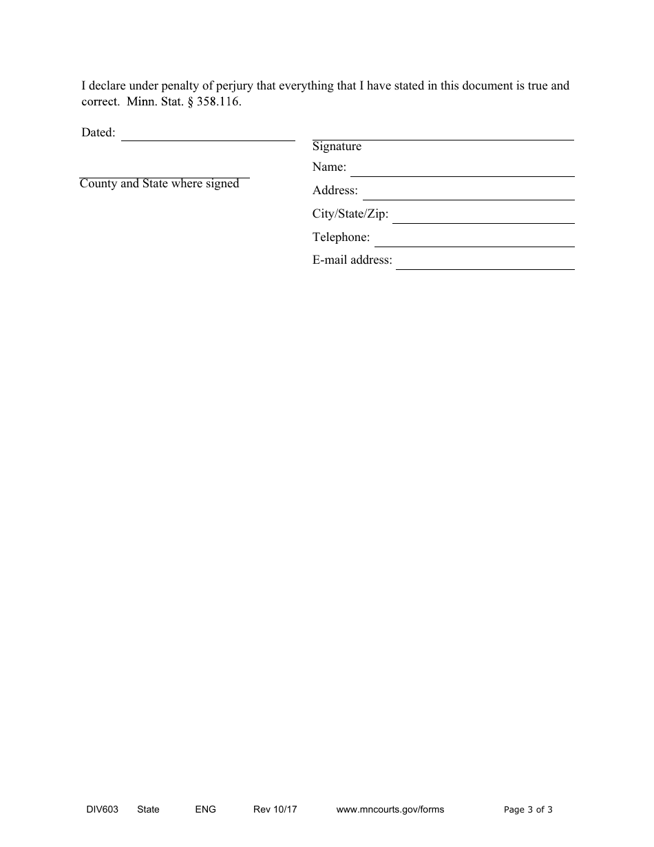 Form DIV603 Affidavit in Support of Motion for Temporary Relief Without Children - Minnesota, Page 3