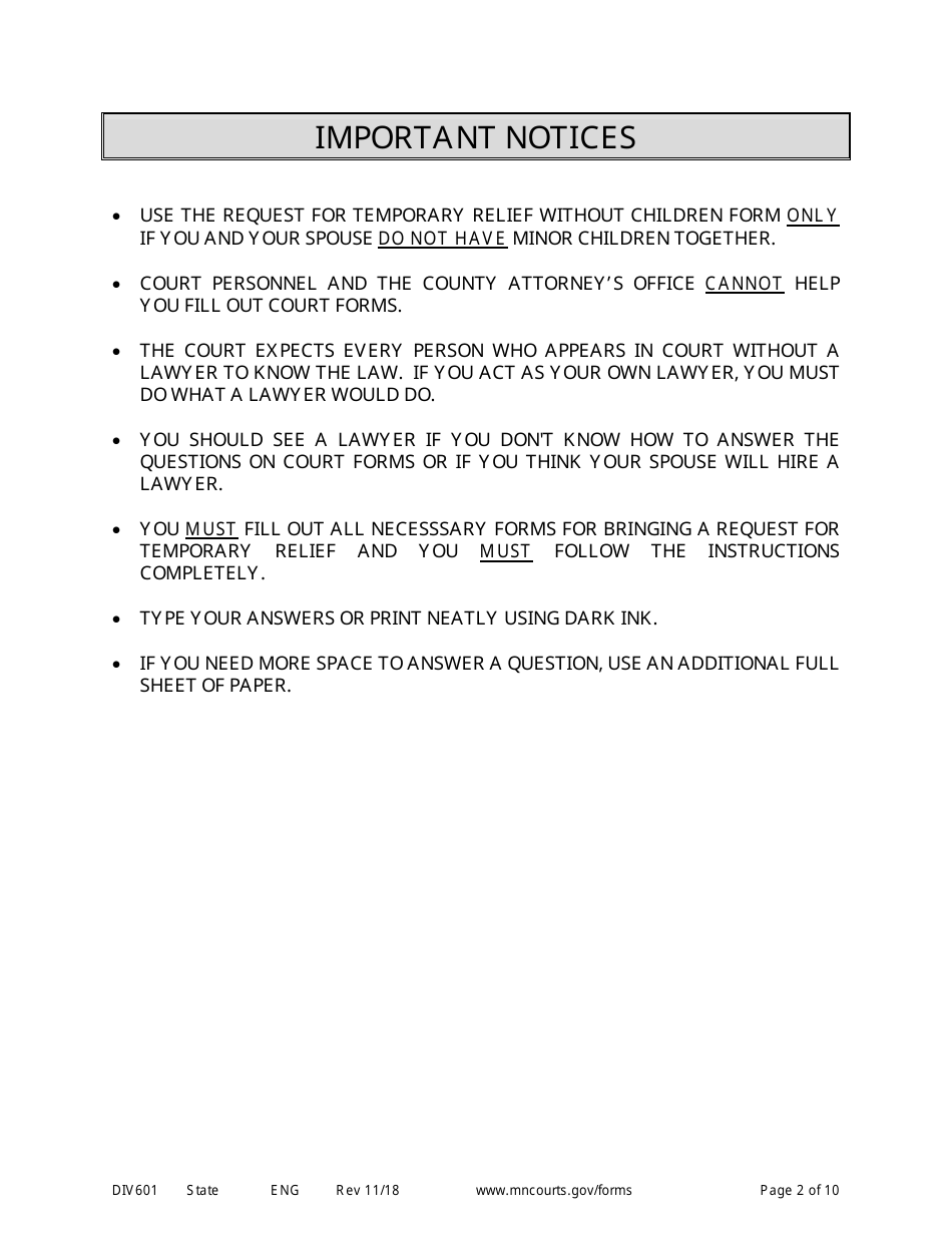 Form DIV601 Instructions for Request for Temporary Relief Pending Final Hearing Without Children - Minnesota, Page 2