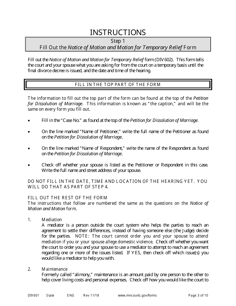 Form DIV601 Instructions for Request for Temporary Relief Pending Final Hearing Without Children - Minnesota, Page 3