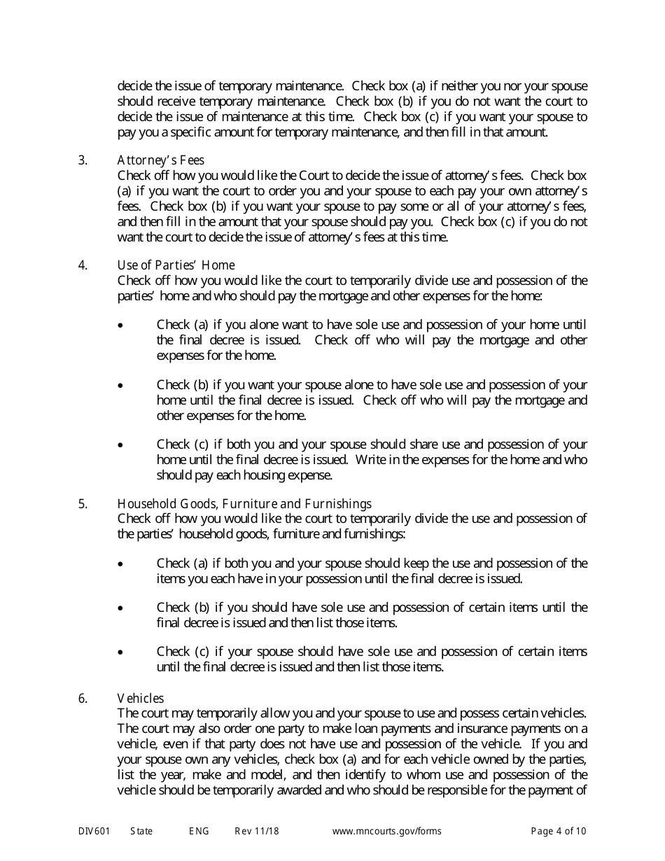 Form DIV601 Instructions for Request for Temporary Relief Pending Final Hearing Without Children - Minnesota, Page 4