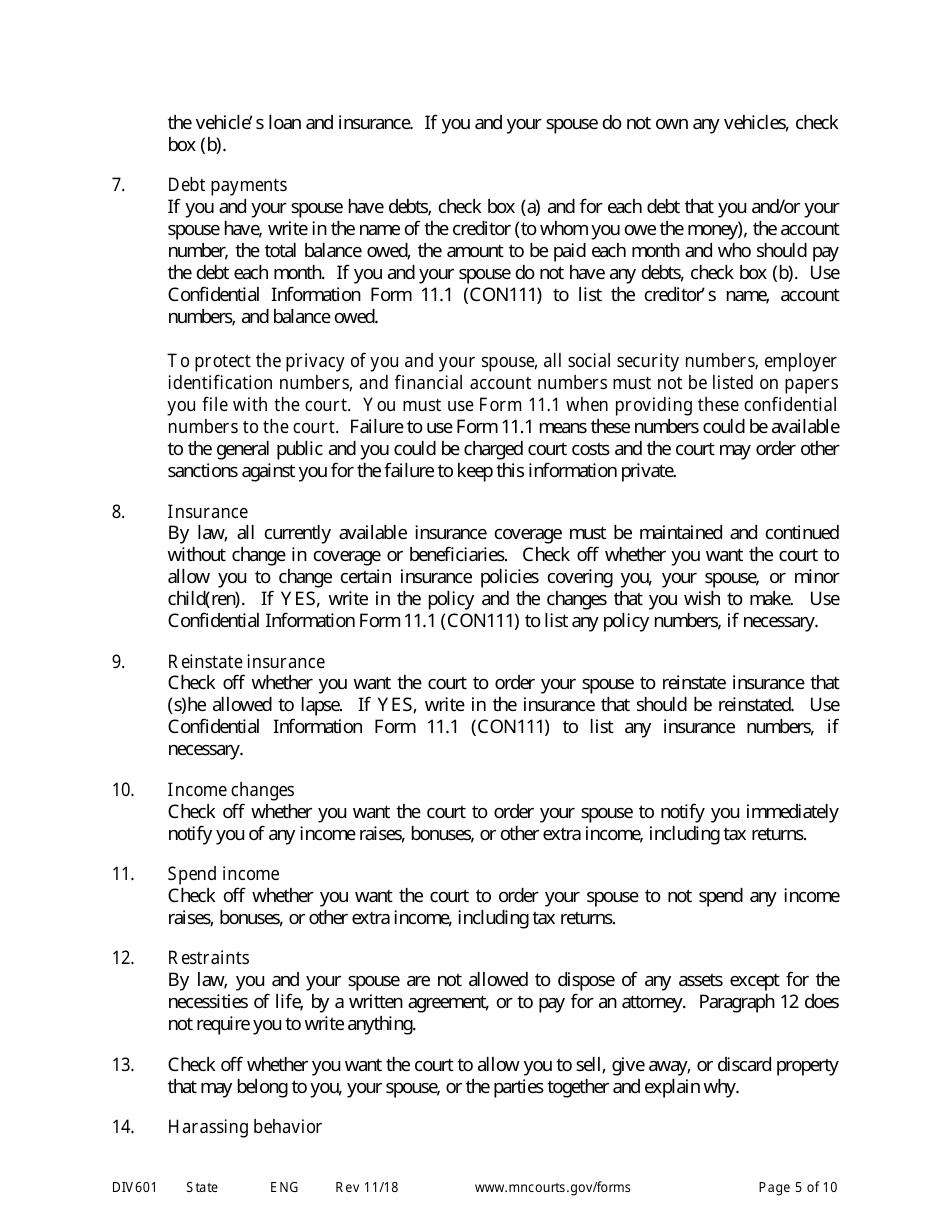 Form DIV601 Instructions for Request for Temporary Relief Pending Final Hearing Without Children - Minnesota, Page 5