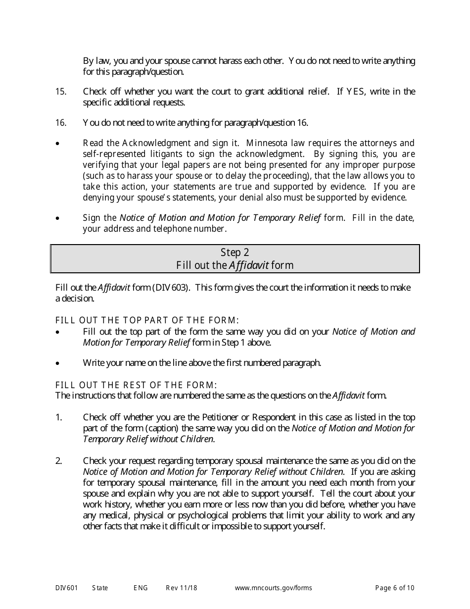 Form DIV601 Instructions for Request for Temporary Relief Pending Final Hearing Without Children - Minnesota, Page 6
