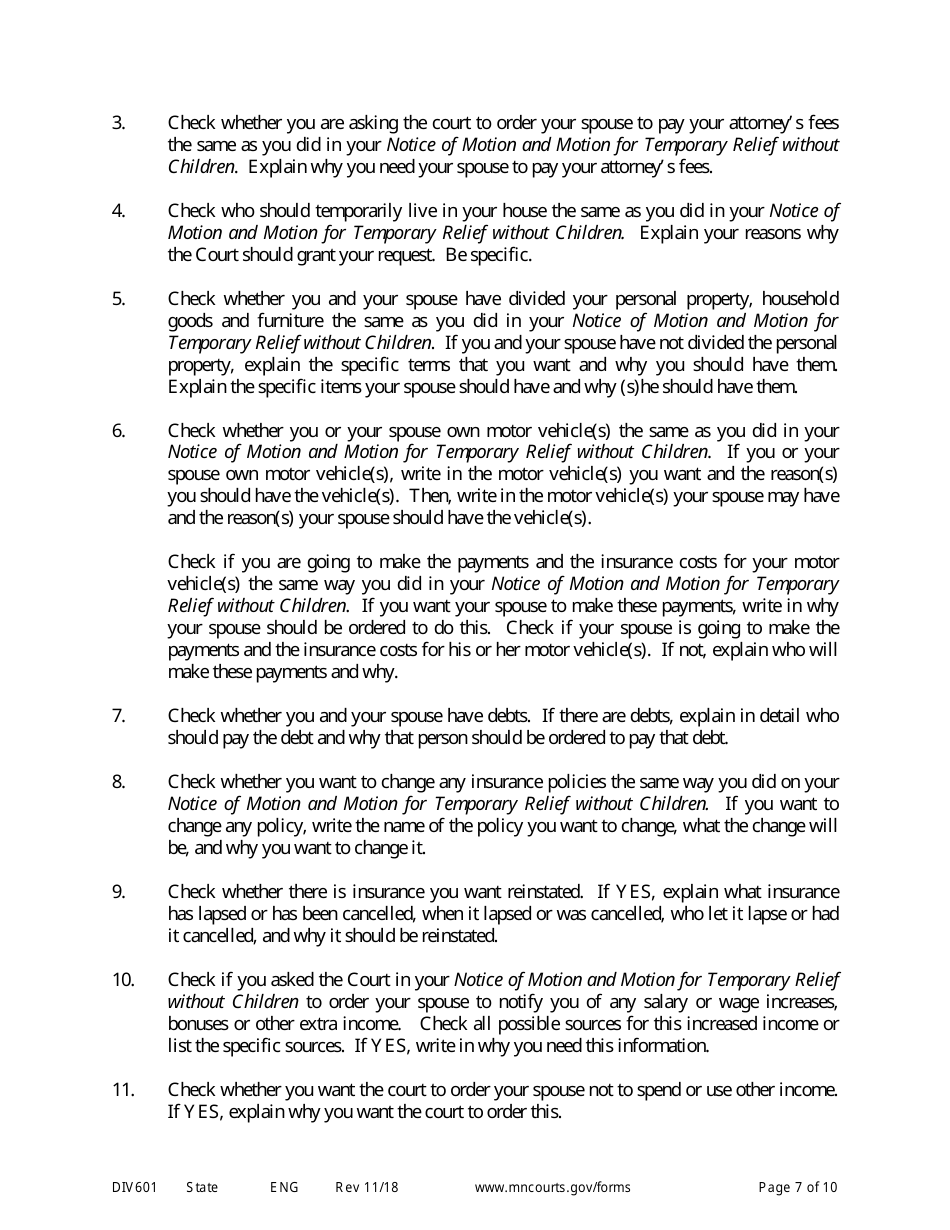 Form DIV601 Instructions for Request for Temporary Relief Pending Final Hearing Without Children - Minnesota, Page 7