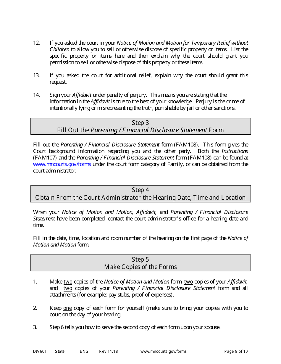 Form DIV601 Instructions for Request for Temporary Relief Pending Final Hearing Without Children - Minnesota, Page 8
