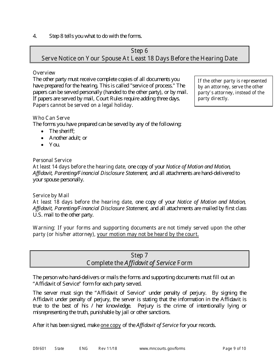 Form DIV601 Instructions for Request for Temporary Relief Pending Final Hearing Without Children - Minnesota, Page 9