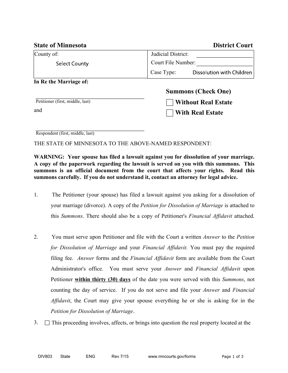 Form DIV803 Combined Summons - Minnesota, Page 1