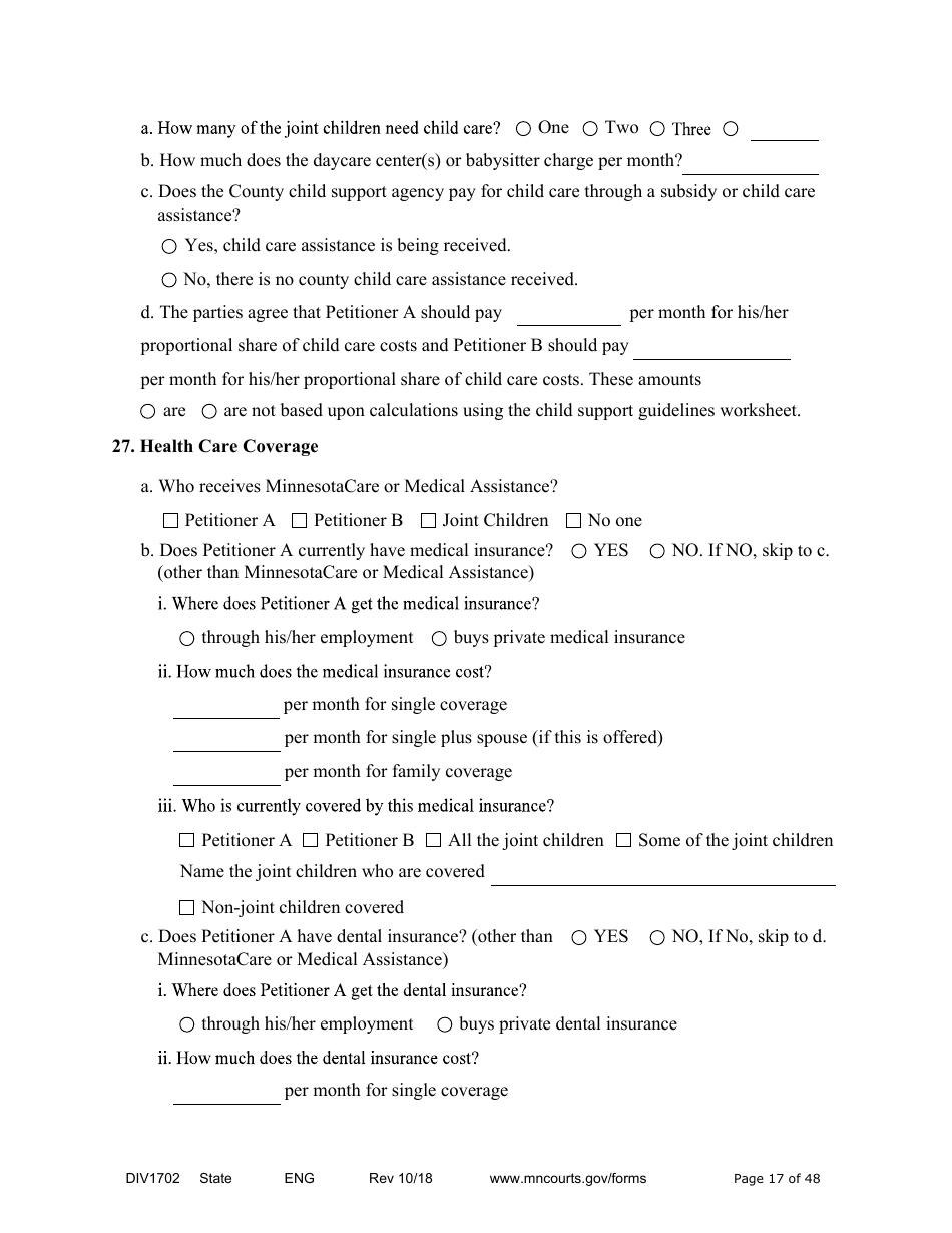 Form DIV1702 Joint Petition, Agreement, and Judgment and Decree for Marriage Dissolution With Children - Minnesota, Page 17