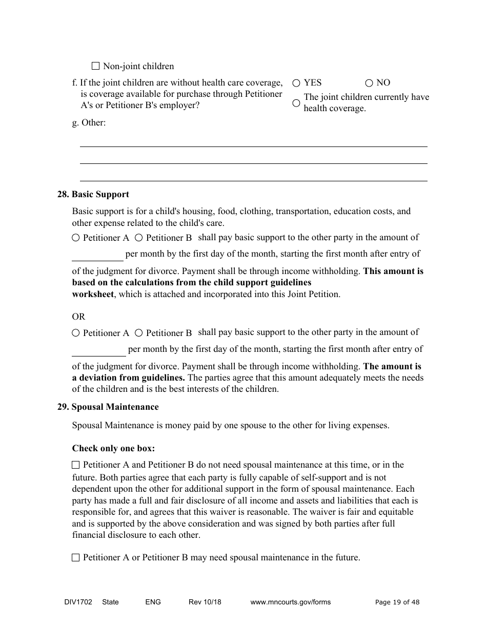 Form DIV1702 Joint Petition, Agreement, and Judgment and Decree for Marriage Dissolution With Children - Minnesota, Page 19