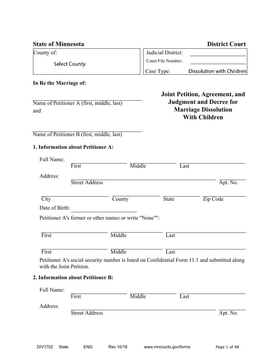 Form DIV1702 Joint Petition, Agreement, and Judgment and Decree for Marriage Dissolution With Children - Minnesota, Page 1