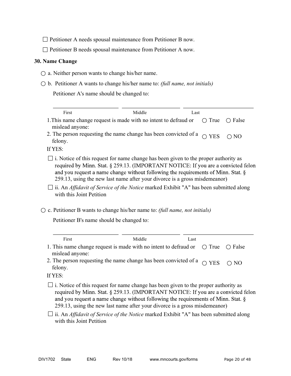 Form DIV1702 Joint Petition, Agreement, and Judgment and Decree for Marriage Dissolution With Children - Minnesota, Page 20