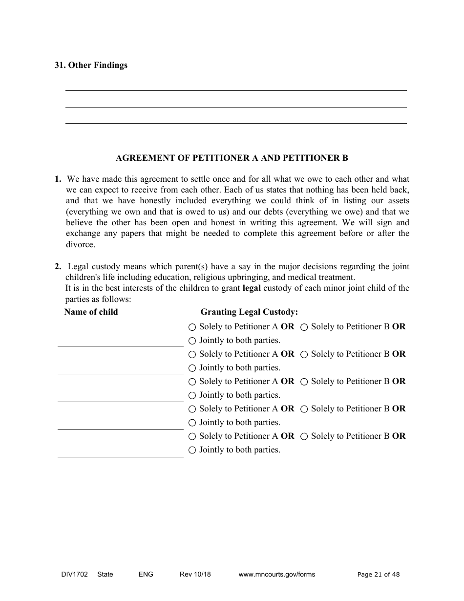 Form DIV1702 Joint Petition, Agreement, and Judgment and Decree for Marriage Dissolution With Children - Minnesota, Page 21