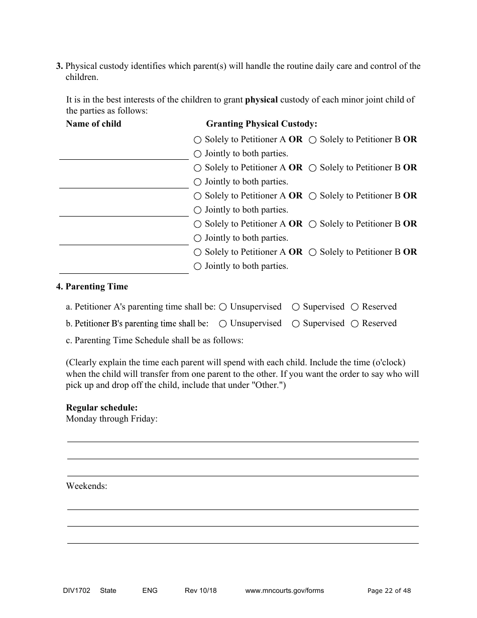 Form DIV1702 Joint Petition, Agreement, and Judgment and Decree for Marriage Dissolution With Children - Minnesota, Page 22