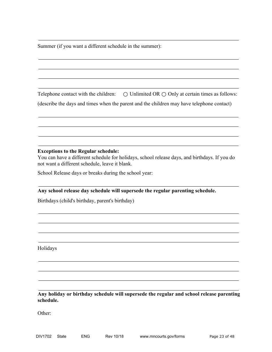 Form DIV1702 Joint Petition, Agreement, and Judgment and Decree for Marriage Dissolution With Children - Minnesota, Page 23