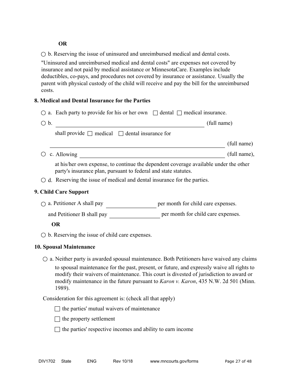 Form DIV1702 Joint Petition, Agreement, and Judgment and Decree for Marriage Dissolution With Children - Minnesota, Page 27
