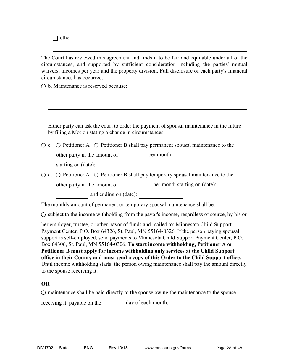 Form DIV1702 Joint Petition, Agreement, and Judgment and Decree for Marriage Dissolution With Children - Minnesota, Page 28