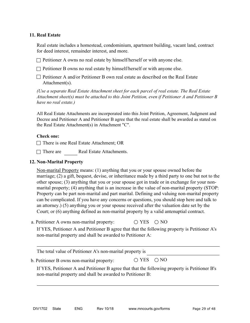 Form DIV1702 Joint Petition, Agreement, and Judgment and Decree for Marriage Dissolution With Children - Minnesota, Page 29