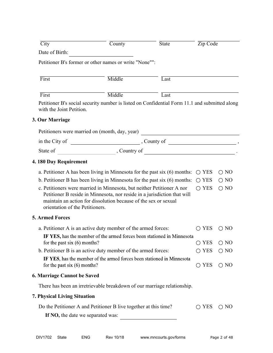 Form DIV1702 Joint Petition, Agreement, and Judgment and Decree for Marriage Dissolution With Children - Minnesota, Page 2