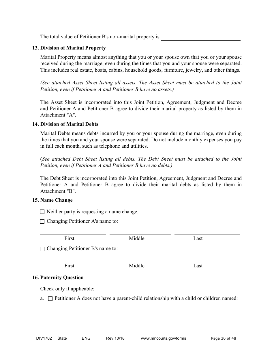 Form DIV1702 Joint Petition, Agreement, and Judgment and Decree for Marriage Dissolution With Children - Minnesota, Page 30