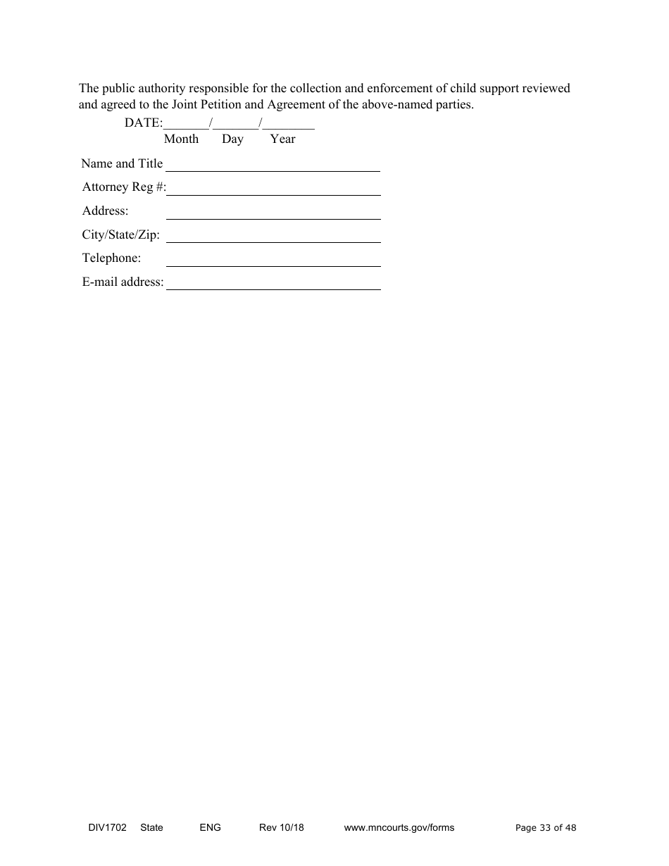 Form DIV1702 Joint Petition, Agreement, and Judgment and Decree for Marriage Dissolution With Children - Minnesota, Page 33