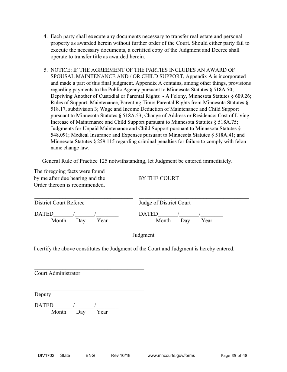 Form DIV1702 Joint Petition, Agreement, and Judgment and Decree for Marriage Dissolution With Children - Minnesota, Page 35