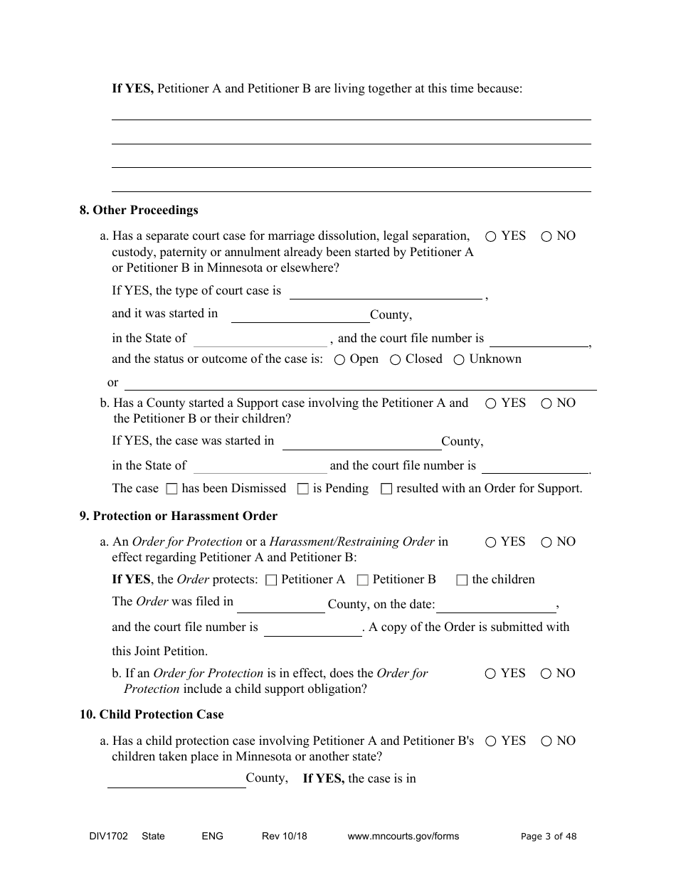 Form DIV1702 Joint Petition, Agreement, and Judgment and Decree for Marriage Dissolution With Children - Minnesota, Page 3