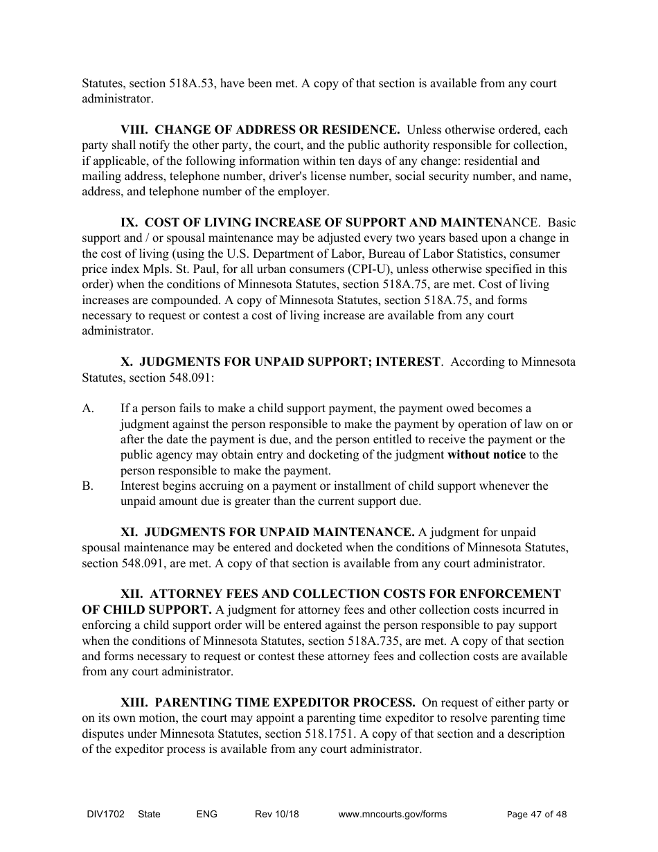 Form DIV1702 Joint Petition, Agreement, and Judgment and Decree for Marriage Dissolution With Children - Minnesota, Page 47