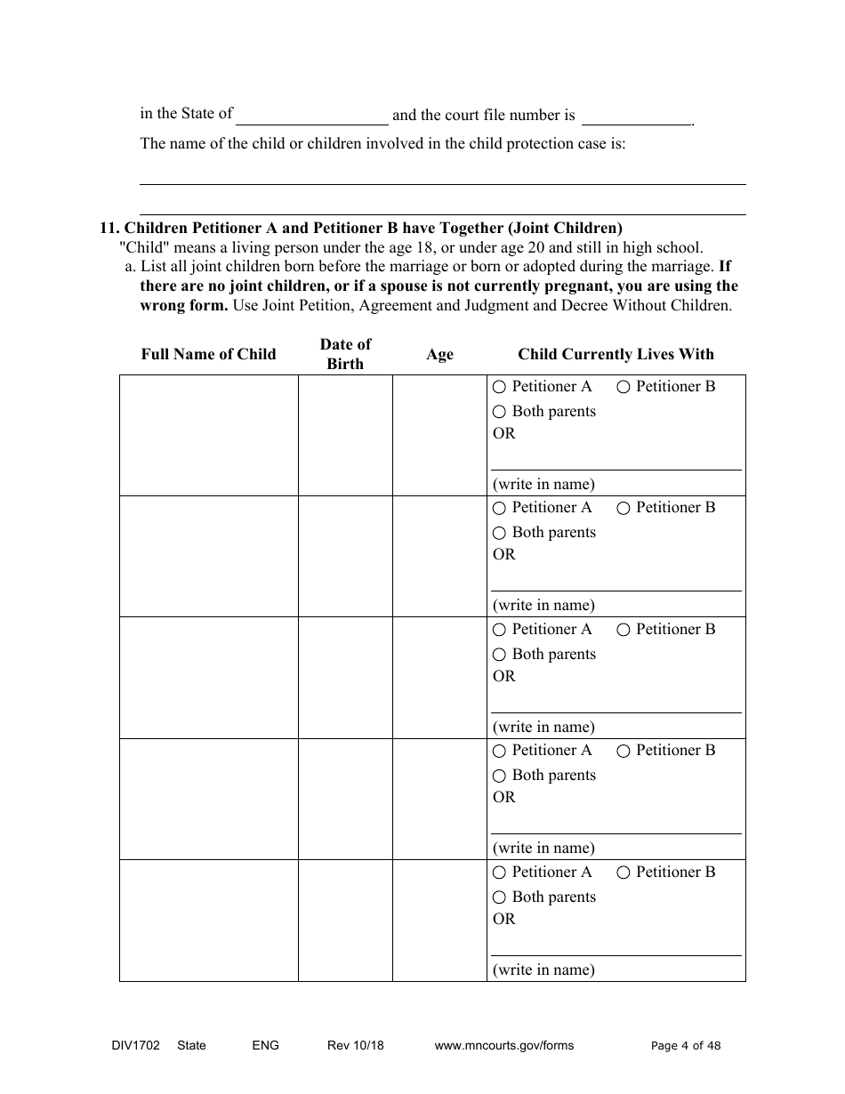 Form DIV1702 Joint Petition, Agreement, and Judgment and Decree for Marriage Dissolution With Children - Minnesota, Page 4