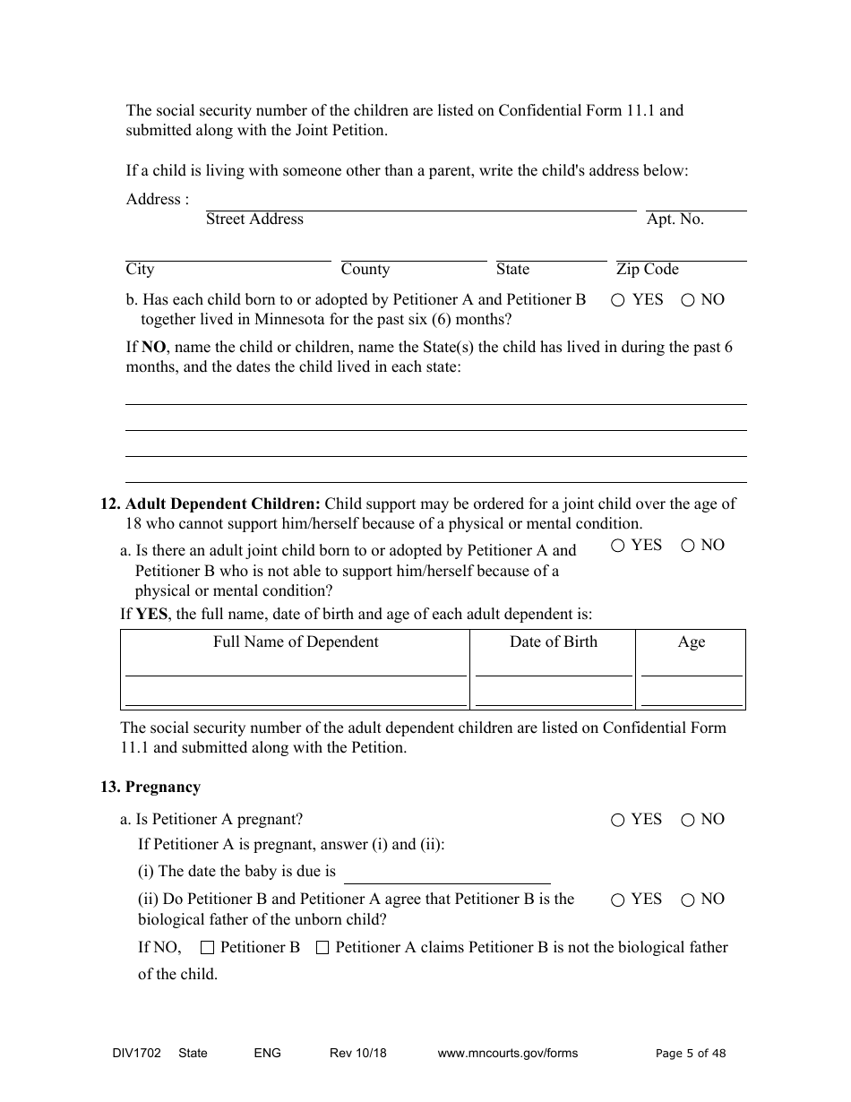 Form DIV1702 Joint Petition, Agreement, and Judgment and Decree for Marriage Dissolution With Children - Minnesota, Page 5
