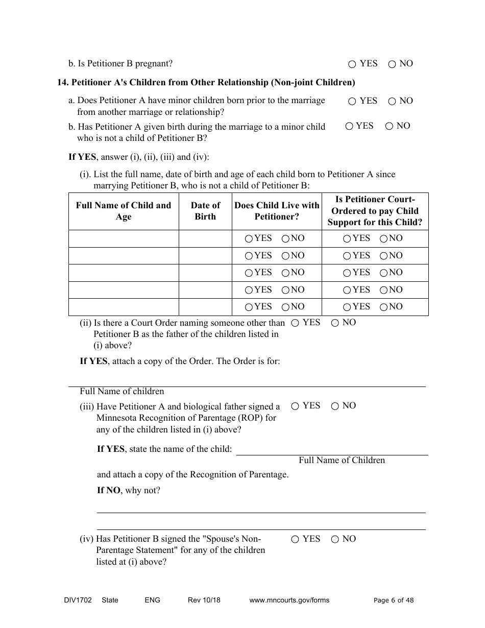 Form DIV1702 Joint Petition, Agreement, and Judgment and Decree for Marriage Dissolution With Children - Minnesota, Page 6