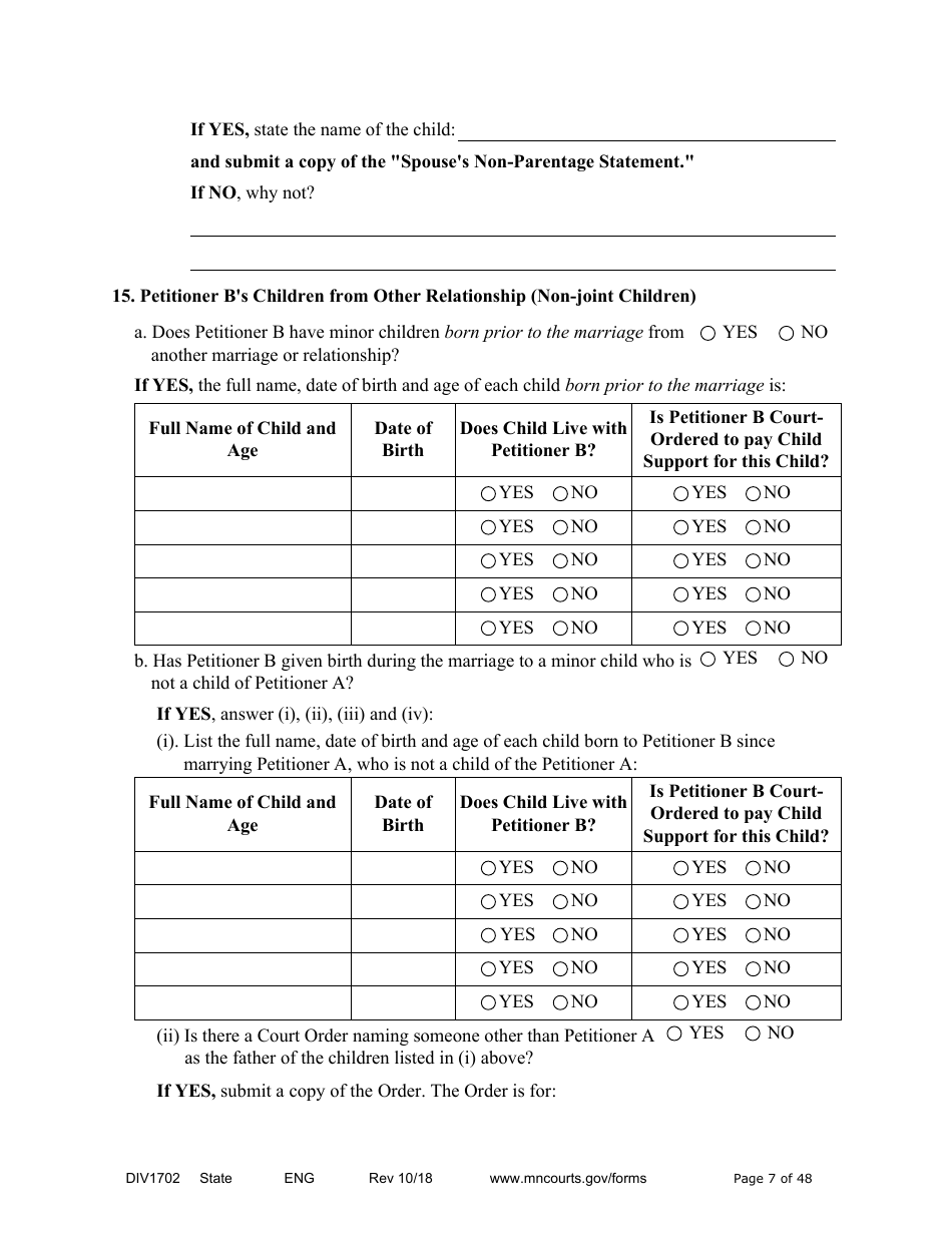 Form DIV1702 Joint Petition, Agreement, and Judgment and Decree for Marriage Dissolution With Children - Minnesota, Page 7