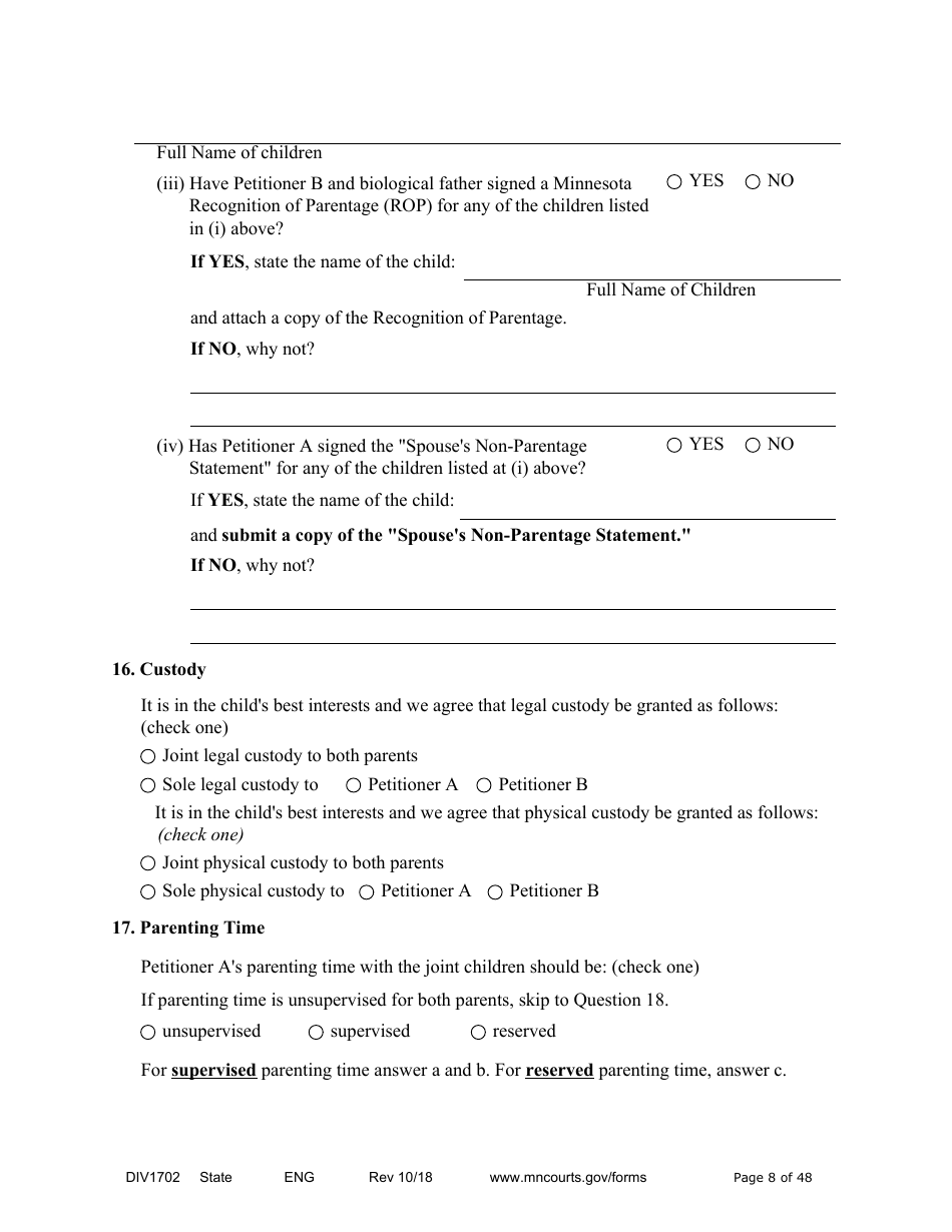Form DIV1702 Joint Petition, Agreement, and Judgment and Decree for Marriage Dissolution With Children - Minnesota, Page 8