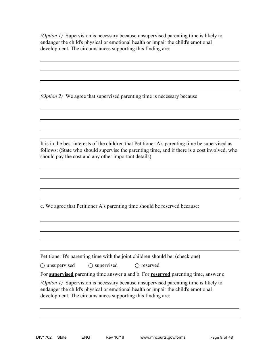 Form DIV1702 Joint Petition, Agreement, and Judgment and Decree for Marriage Dissolution With Children - Minnesota, Page 9