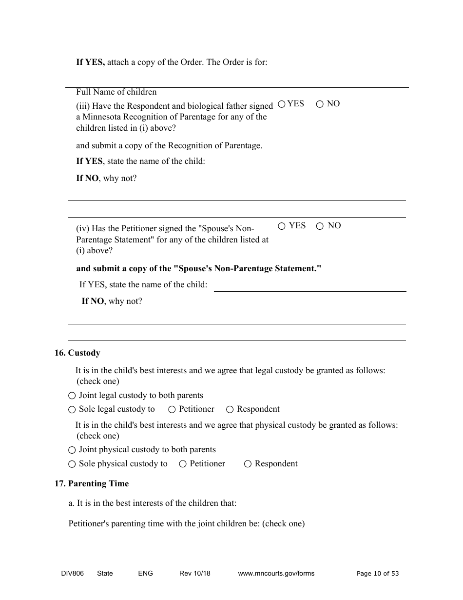 Form DIV806 Stipulated Findings of Fact, Conclusions of Law, Order for Judgment, Judgment and Decree - Minnesota, Page 10