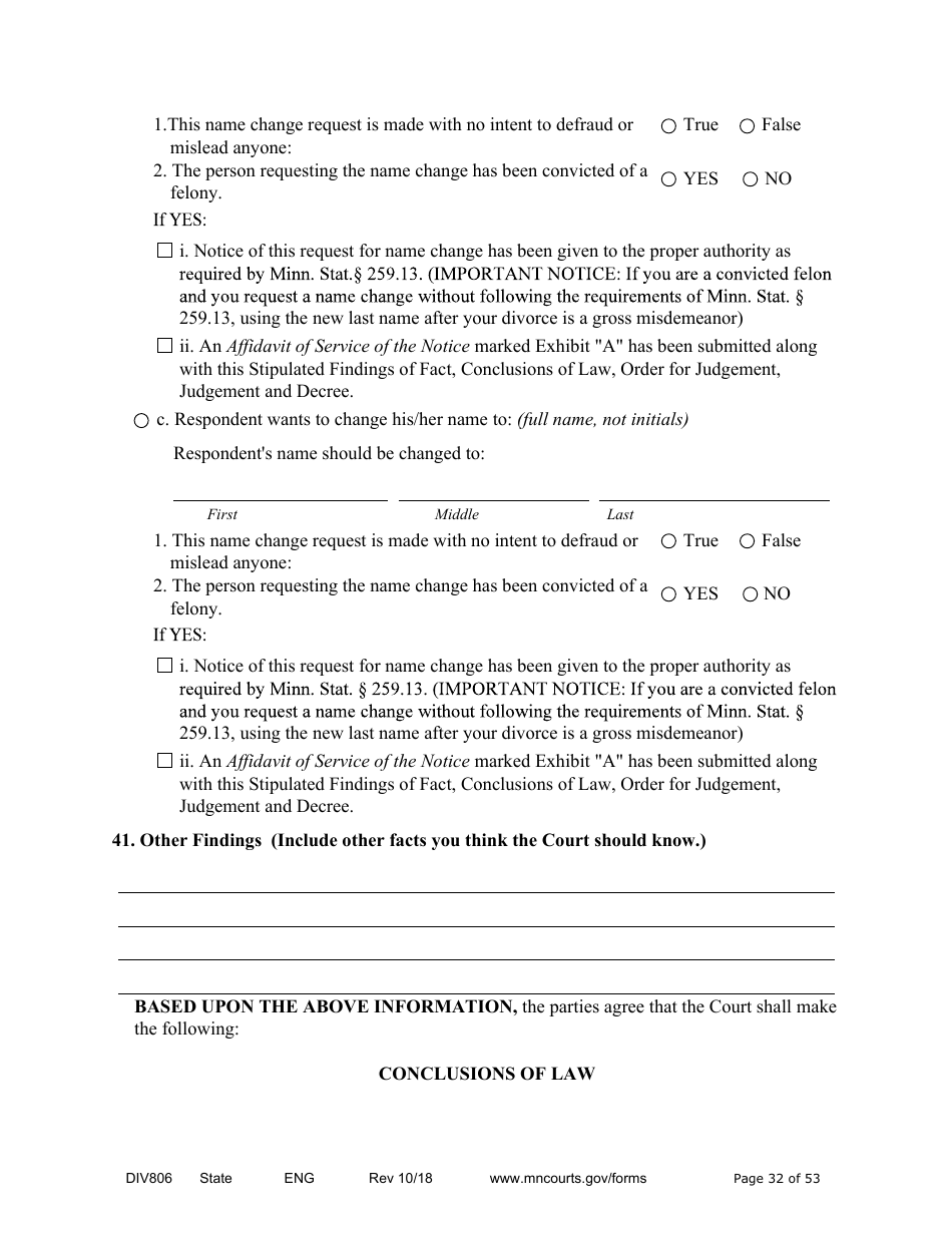 Form DIV806 Stipulated Findings of Fact, Conclusions of Law, Order for Judgment, Judgment and Decree - Minnesota, Page 32