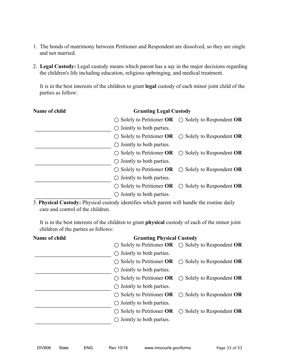Form DIV806 Stipulated Findings of Fact, Conclusions of Law, Order for Judgment, Judgment and Decree - Minnesota, Page 33