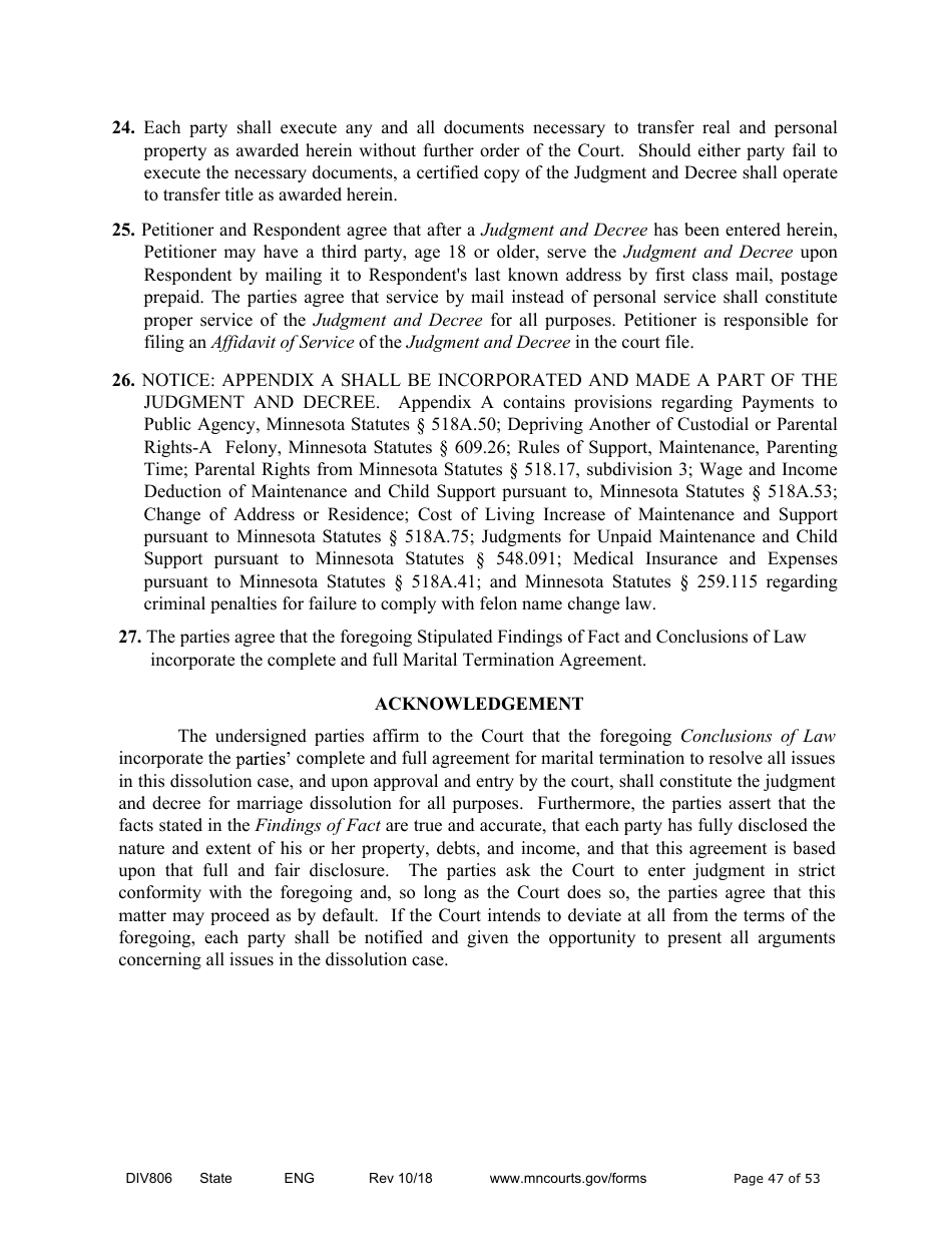 Form DIV806 Stipulated Findings of Fact, Conclusions of Law, Order for Judgment, Judgment and Decree - Minnesota, Page 47