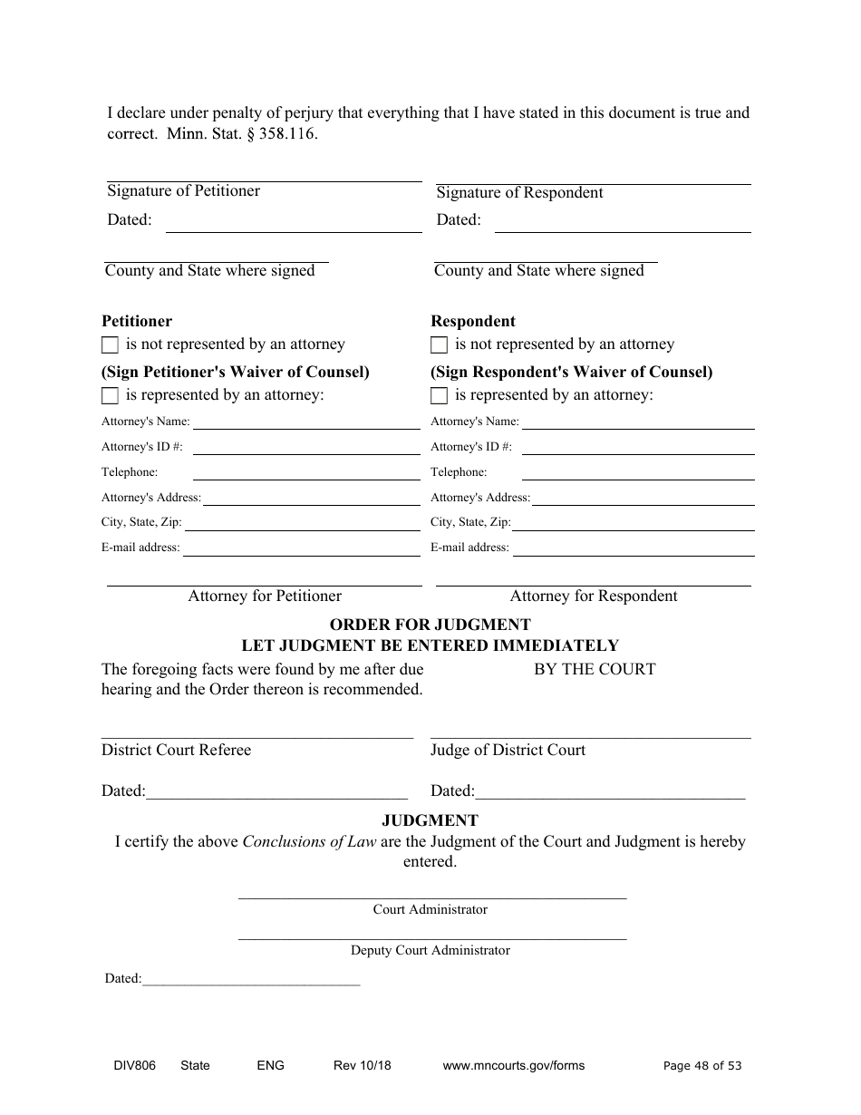 Form DIV806 Stipulated Findings of Fact, Conclusions of Law, Order for Judgment, Judgment and Decree - Minnesota, Page 48